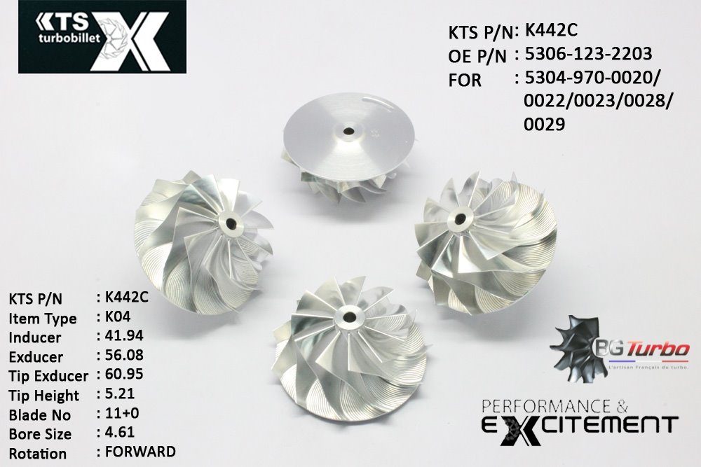 Turbo ROUE FORGÉE MFS PERFORMANCE - 11+0 PALES - INDUCER : 41,94 - EXDUCER : 56,08 - TYPE : K04ANGLE : 60° - ROTATION : Forward - SUPER BACK : 1,8 - BORE SIZE : 4,61
